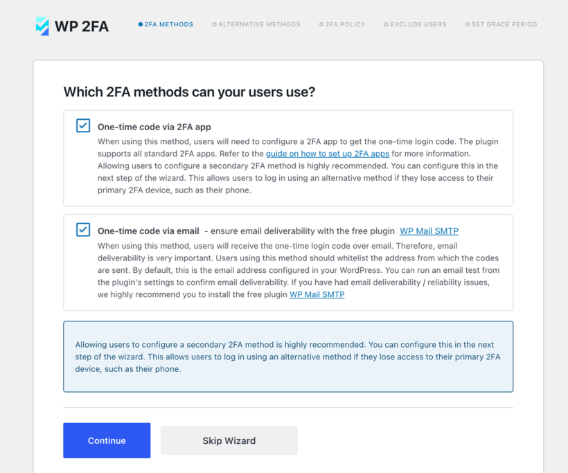 Choosing WP 2FA methods, with one-time codes via app and email both selected