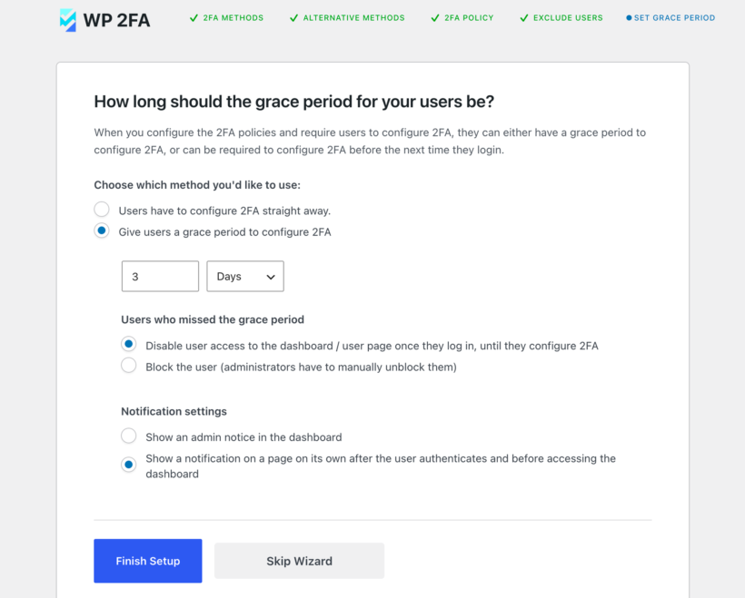 Setting a three day WP 2FA grace period for users to configure two-factor authentication