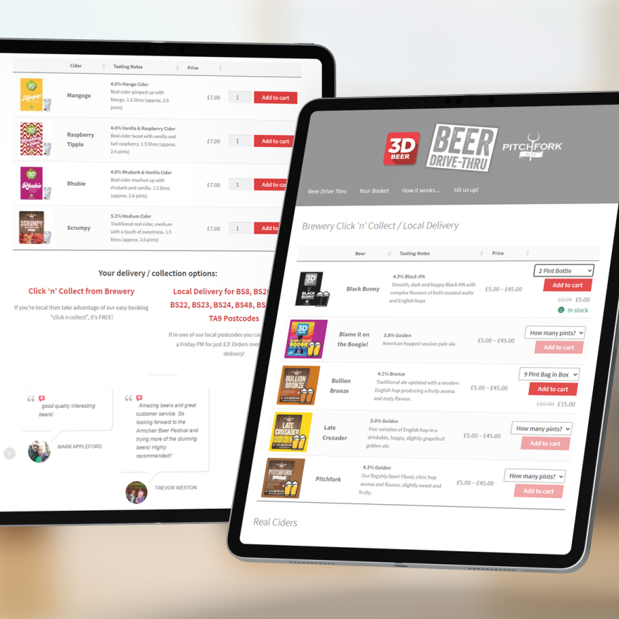 Tablet and laptop showing a brewery click and collect ordering page with a product table of ciders and beers