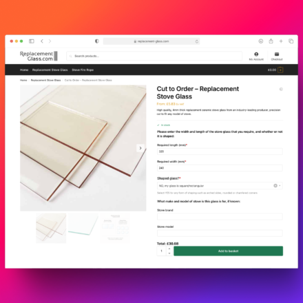 Replacement Glass cut to order product page showing required length and width fields, a shaped glass dropdown and a calculated total