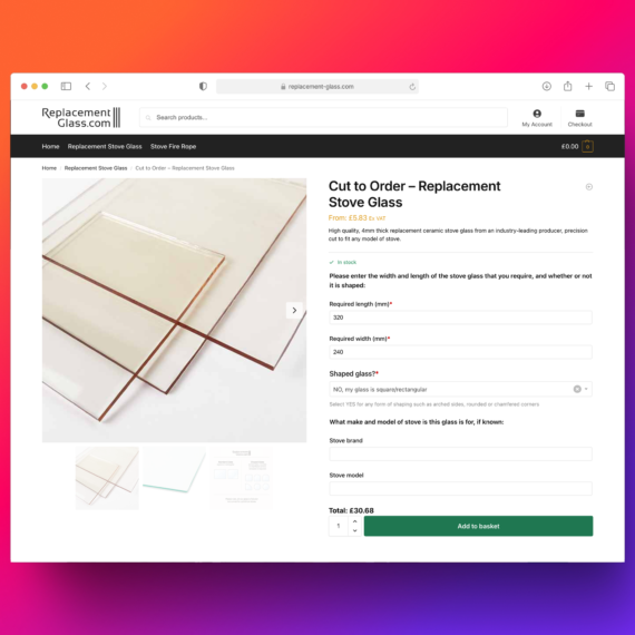 Replacement Glass cut to order product page showing required length and width fields, a shaped glass dropdown and a calculated total