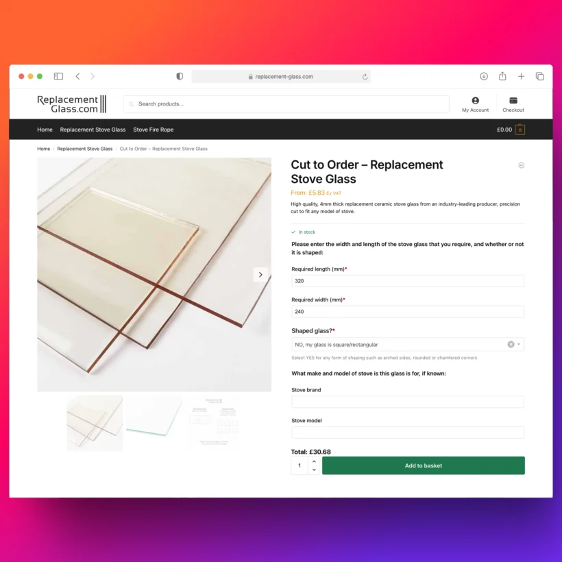 Replacement Glass cut to order product page showing required length and width fields, a shaped glass dropdown and a calculated total