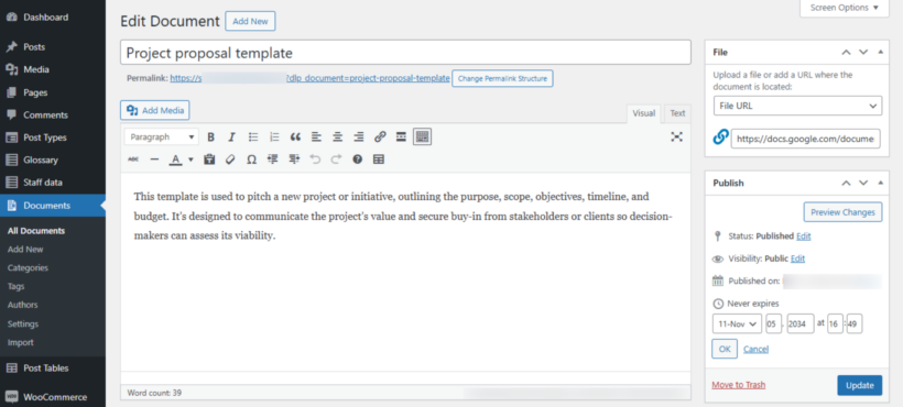 The Document Library Pro Edit Document screen in WordPress showing the document title, content, file URL field and Documents menu