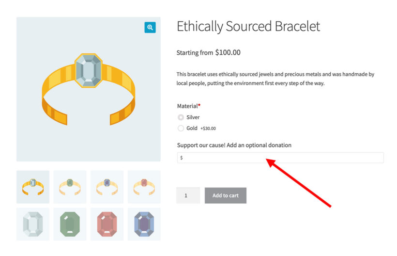 WooCommerce WordPress nonprofit product with donation form field for charity