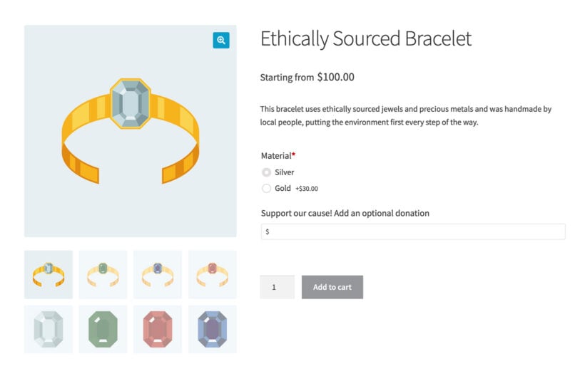 A WordPress charity donation form with an optional donation field on a product page, the entry point for donor gift workflows