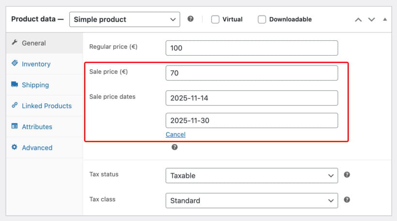 The WooCommerce Product data box showing the Sale price and Sale price dates fields highlighted with a red border