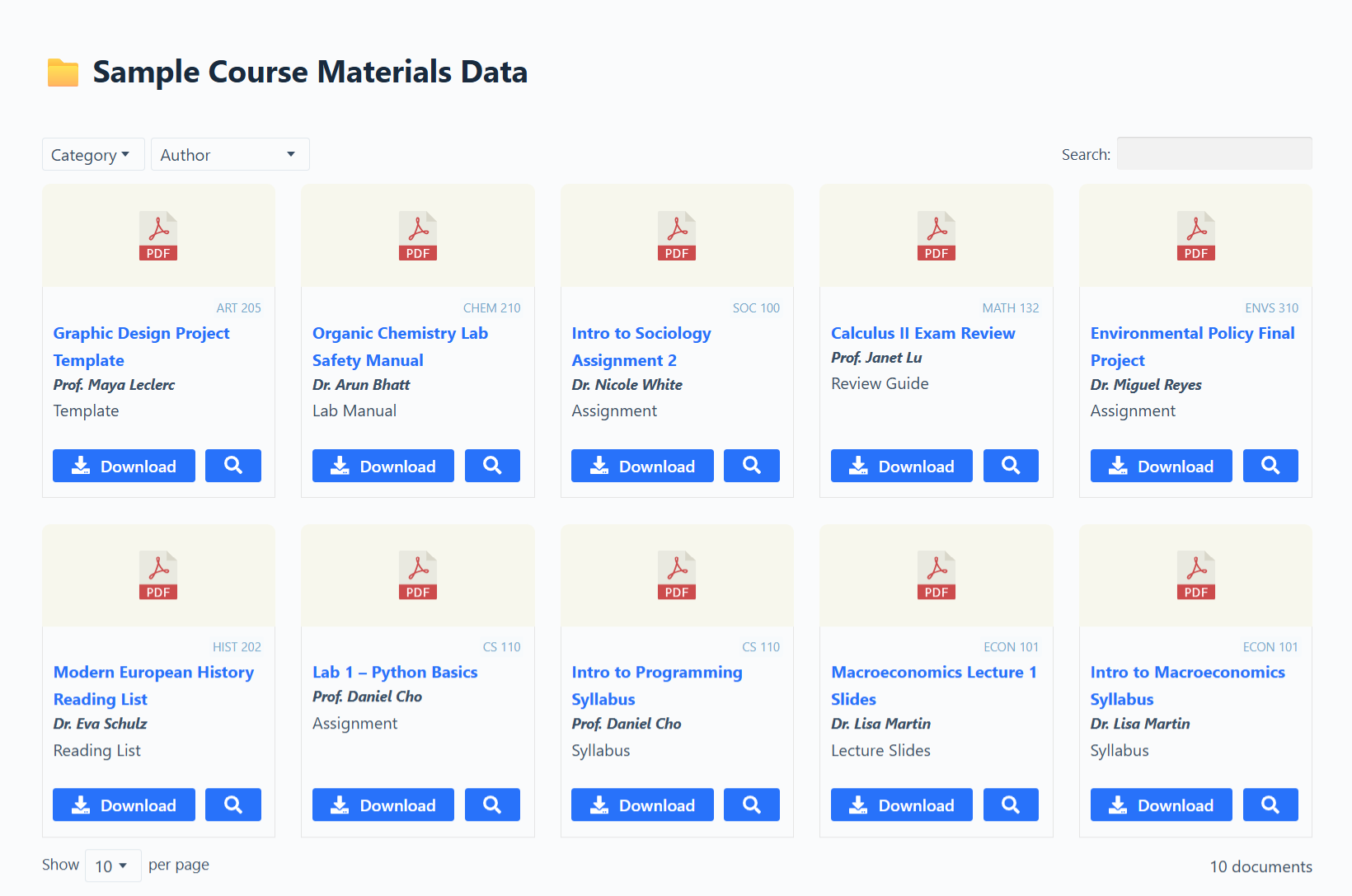 Searchable document library for a Shopify store shown in a grid layout with filters