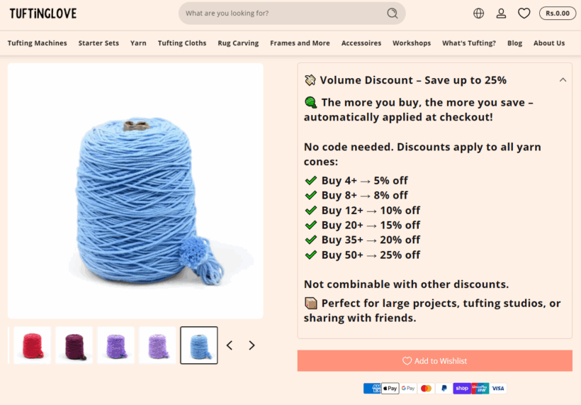 Tufting Love store uses tiered pricing