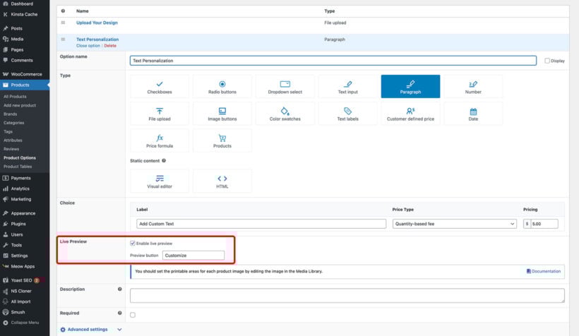 Live text preview product options settings
