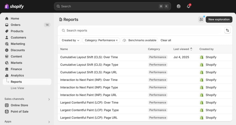 Shopify speed performance reports