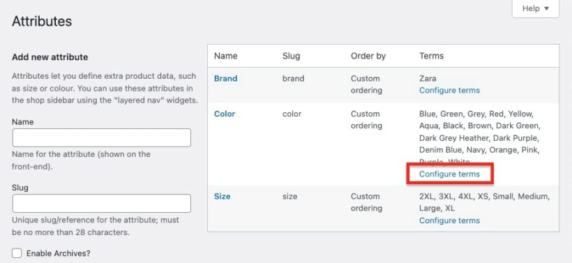 How to configure terms for WooCommerce attributes