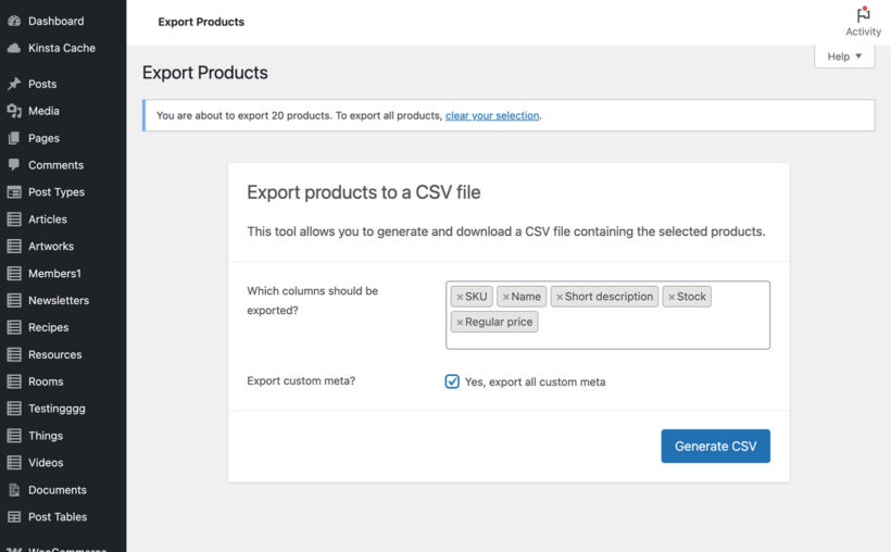 WooCommerce export products to CSV with specific data