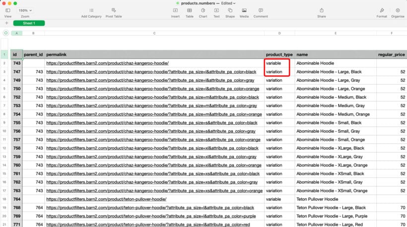 WooCommerce exported products CSV