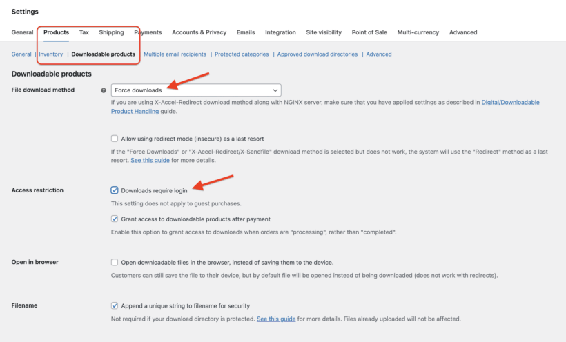 WooCommerce digital downloads settings page