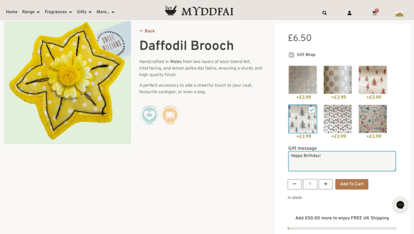 Myddfai product page showing WooCommerce gift wrap add-on with selectable wrap pattern swatches and a gift message field