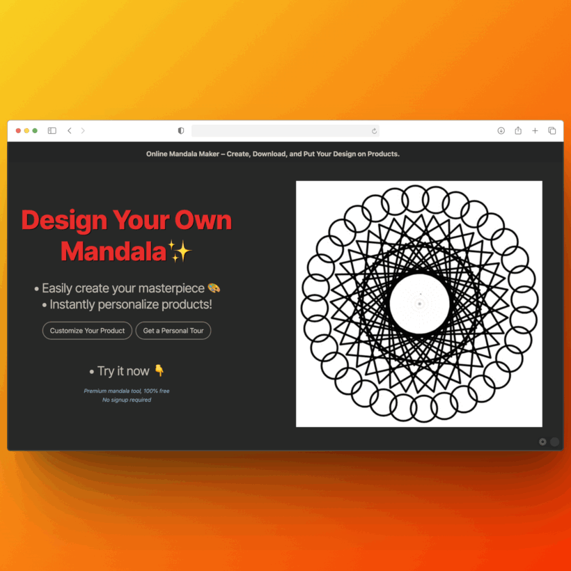 Browser window on an orange background showing an online mandala maker page headlined Design your own mandala, beside a line drawn mandala