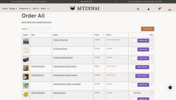 Myddfai product table order page