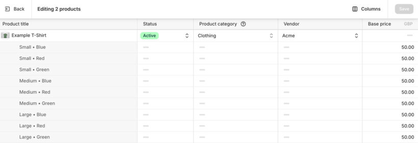 Native Shopify bulk edit spreadsheet