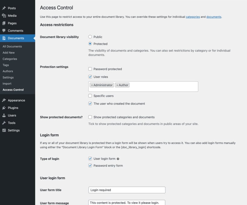 Private WordPress document library access control screenshot