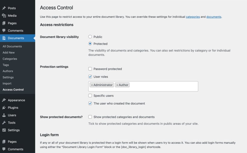 Private WordPress document library access control settings