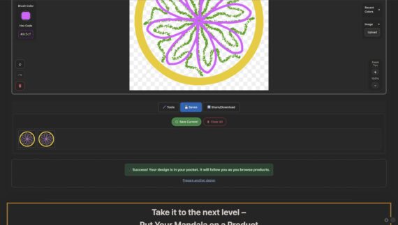 The mandala is saved on the website and can be added to selected products