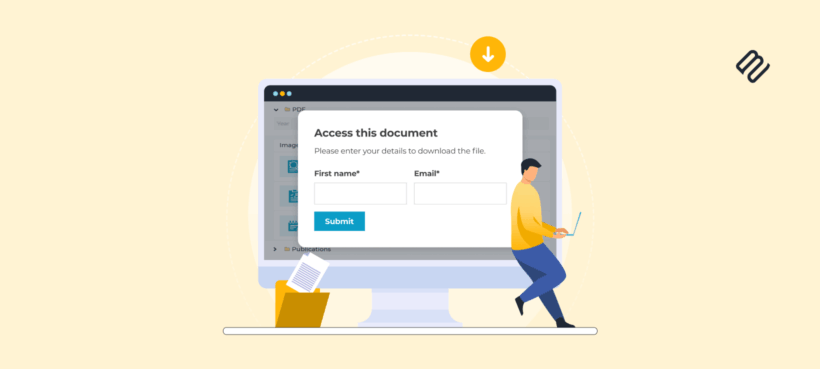Illustrated header showing a document access form requiring name and email before allowing a WordPress download