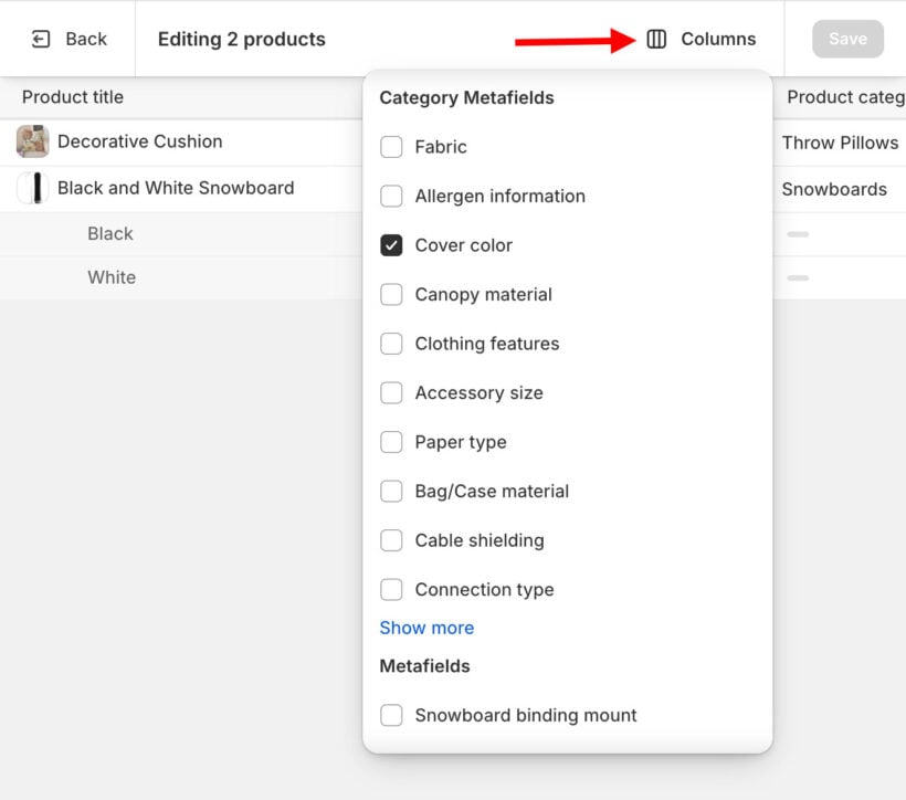 Bulk edit Shopify metafields native columns