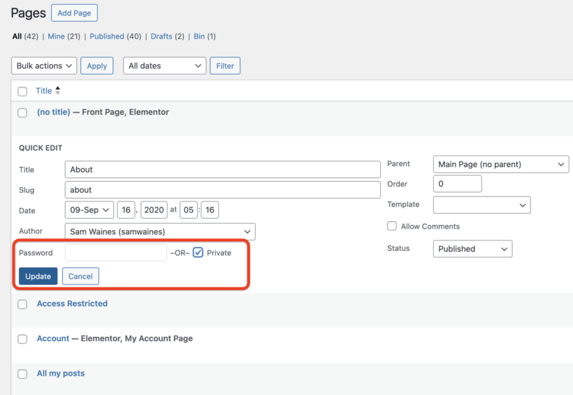 Quick edit options to make a WordPress page private or add a password