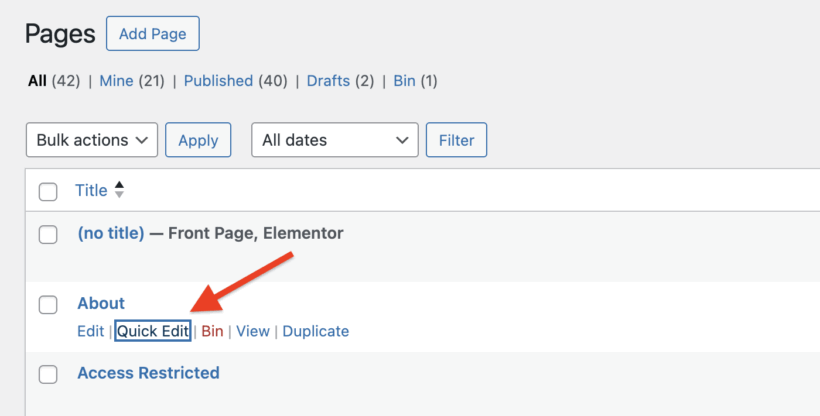 WordPress page quick edit button