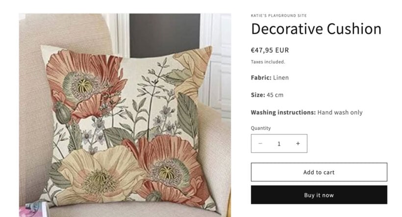 Shopify product page with metafields