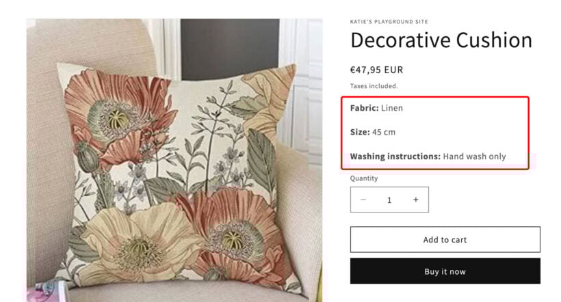 Shopify product page with metafields highlighted