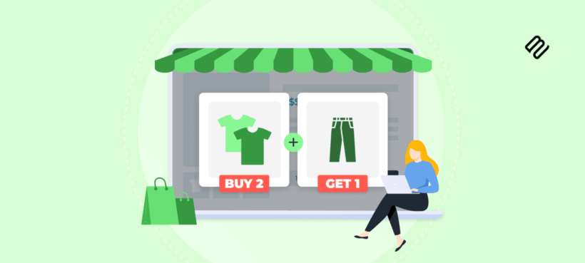 Illustrated header showing a Shopify storefront with a buy 2 get 1 offer on clothing products