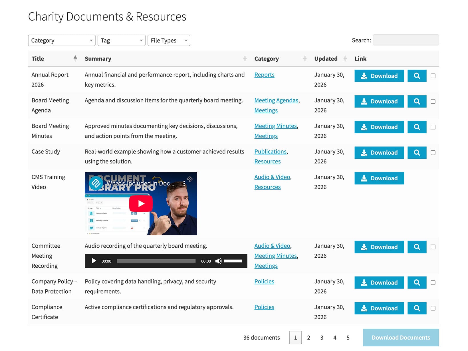Document Library Pro table showing charity documents with category filters and download buttons
