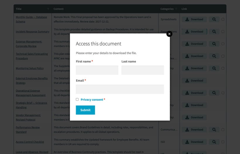 Document library lead capture email form