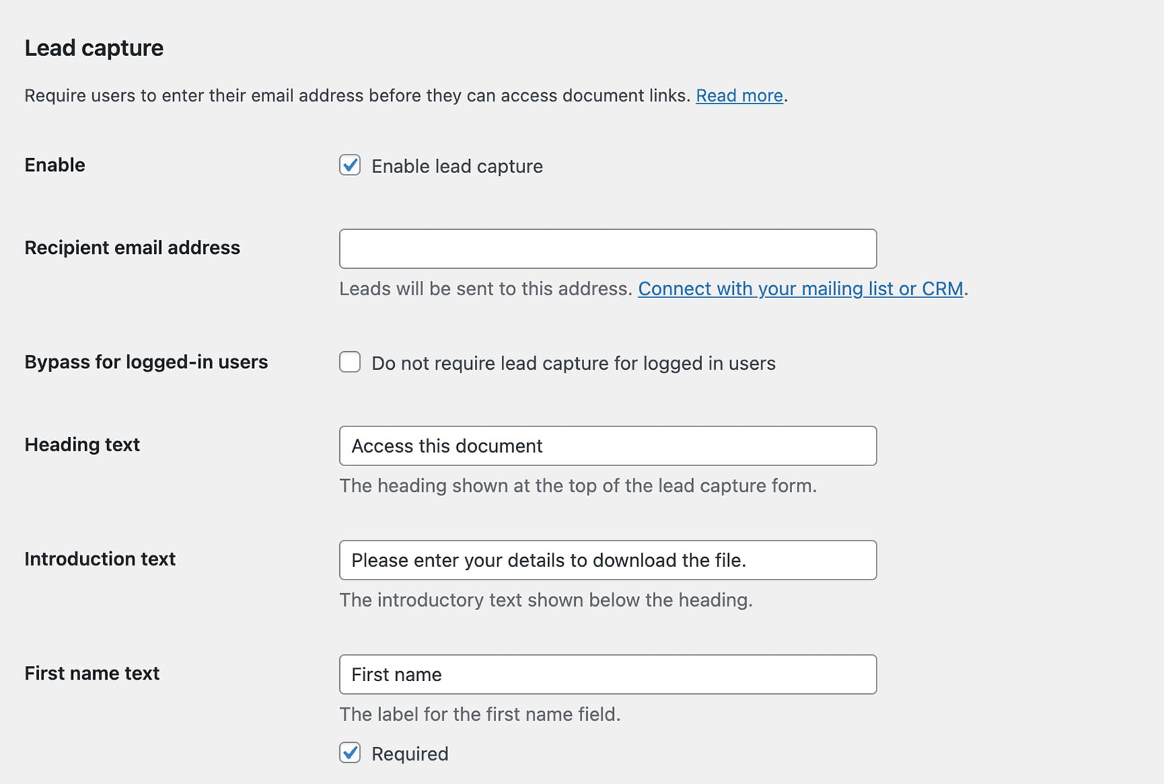 Lead capture settings panel in Document Library Pro with email field and bypass option for logged-in users