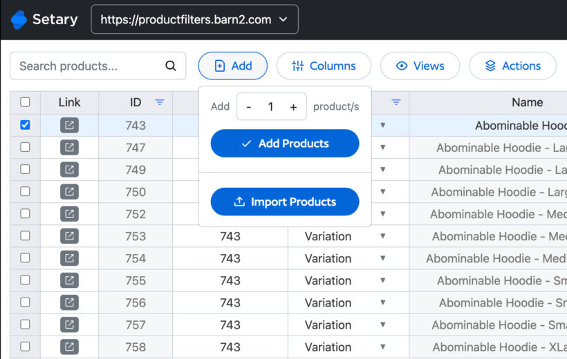 Setary add or import product row