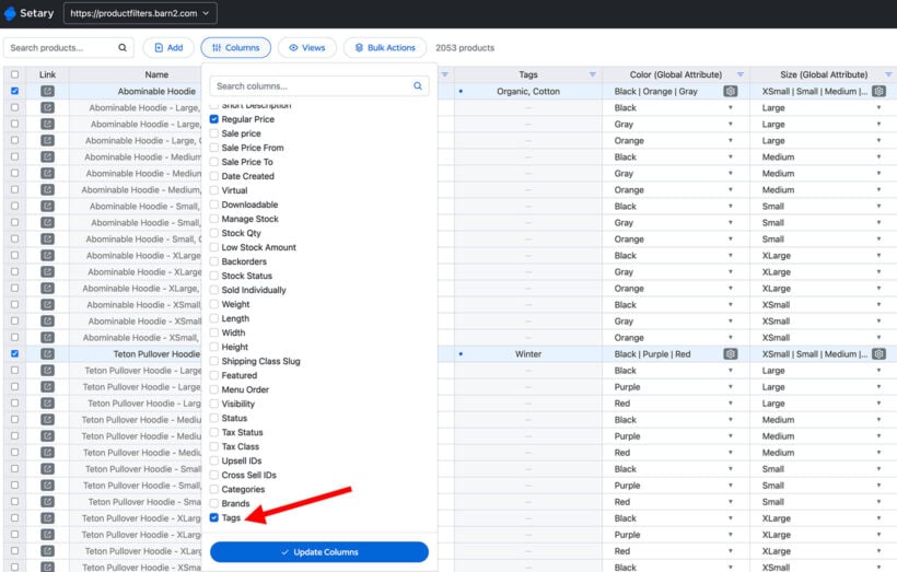 Setary add tag column to bulk edit spreadsheet