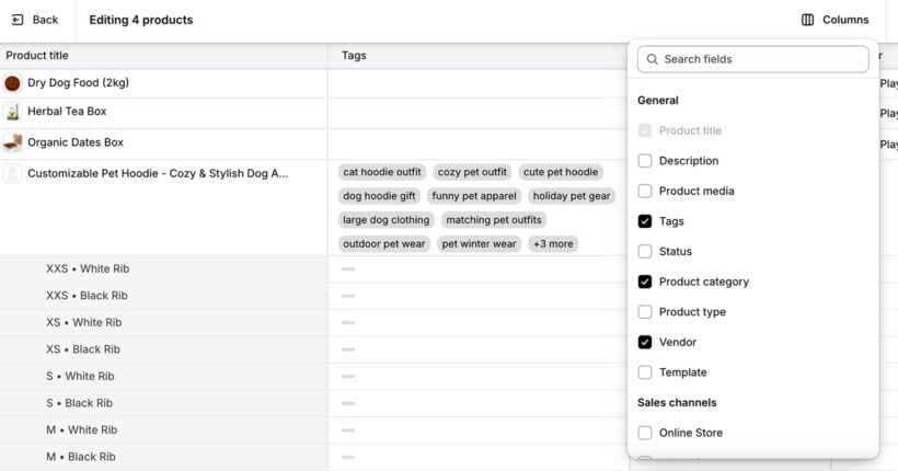 Shopify native bulk editor tags
