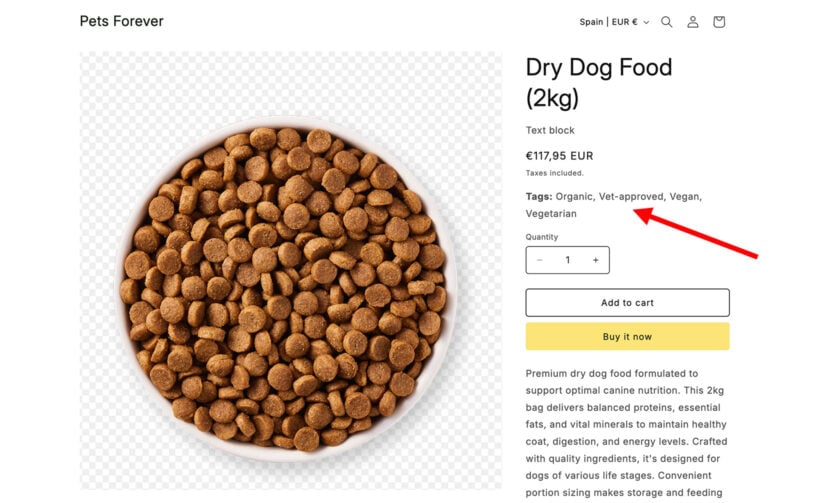 Shopify product page with tags