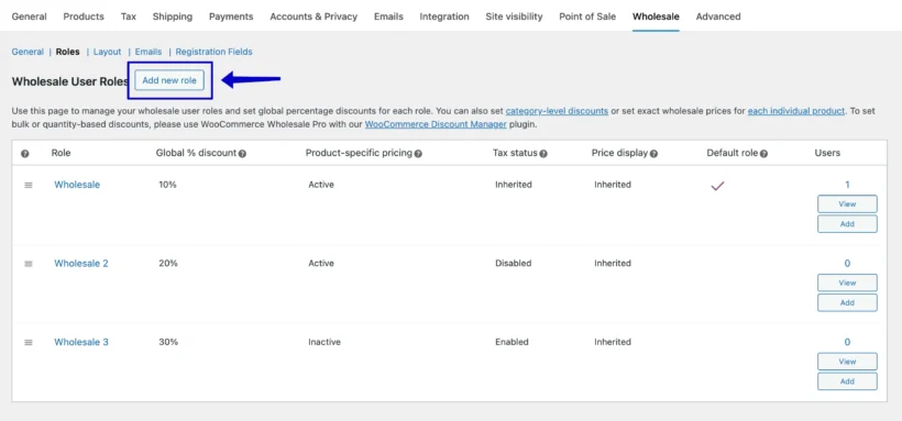 WooCommerce wholesale roles settings page and how to add new roles