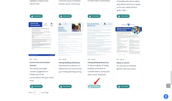See the download buttons and grid layout of the nonprofit's resource library