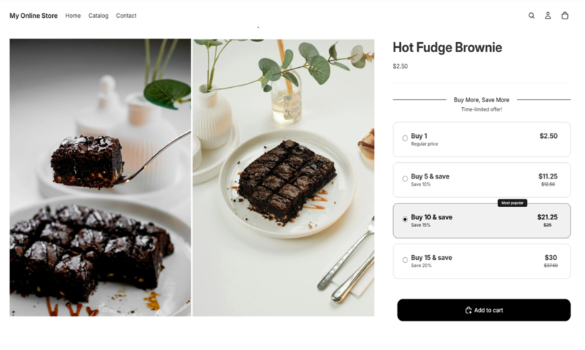 Shopify product page for Hot Fudge Brownie showing tiered buy-more-save-more pricing with volume discount options