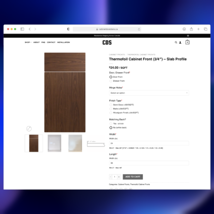 Cabinet Door Store thermofoil cabinet front product page showing front type, hinge holes, finish type, matching back and width and length fields