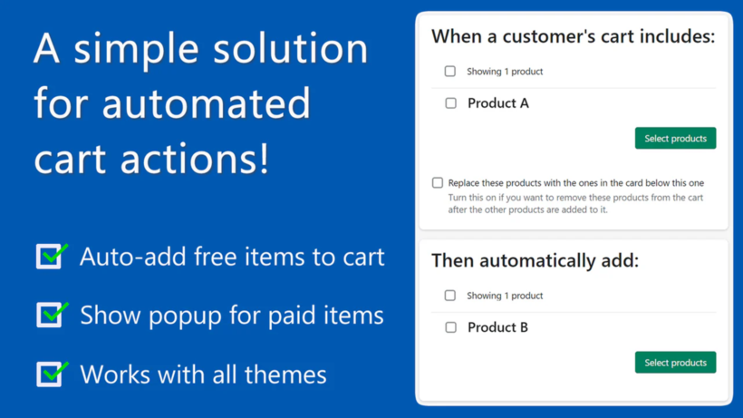CartBot app interface showing rules to auto-add a free product to cart when a customer's cart includes a specific item