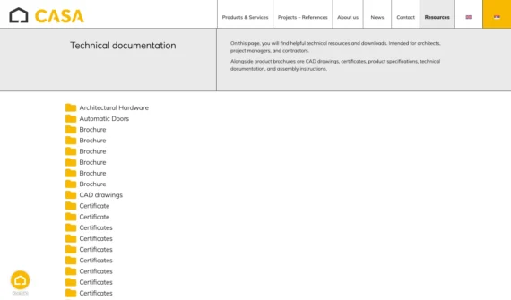 Casa hardware WordPress website technical documents organized in a library with folders