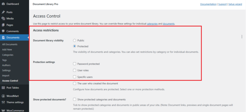 Document Library Pro access control settings showing options to protect the library by password, user role, or specific users