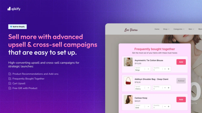 Qikify app marketing page showing an upsell and cross-sell widget with a frequently bought together section on a Shopify store