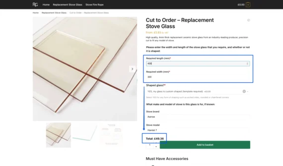 On the product page a custom product pricing formula gives accurate pricing based on the customer's required dimensions