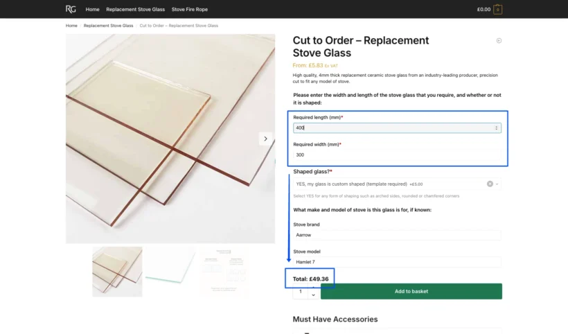 On the product page a custom product pricing formula gives accurate pricing based on the customer's required dimensions