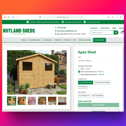 Rutland Sheds Apex Shed product page showing size dropdown, treatment options, configuration buttons and a calculated total